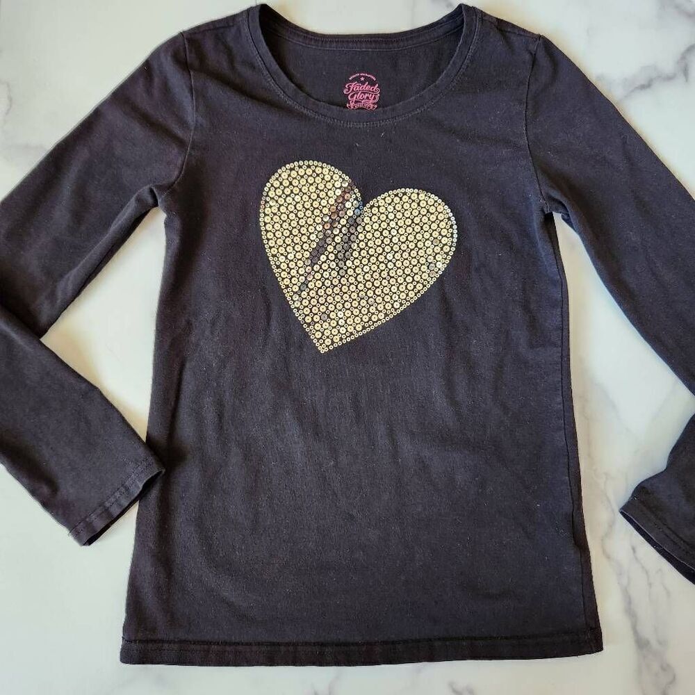 Faded Glory M 7-8 black long sleeve girls shirt silver heart basic casual shiny
